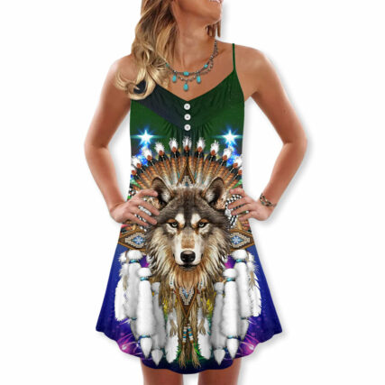 Christmas Native Wolf And Merry Xmas - V-neck Sleeveless Cami Dress - Owl Ohh - Owl Ohh