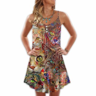 Cat Art Lover Cat Colorful - V-neck Sleeveless Cami Dress - Owl Ohh - Owl Ohh