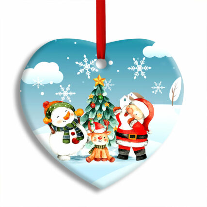 Christmas Santa Snowman And Deer Happy Together - Heart Ornament - Owl Ohh - Owl Ohh
