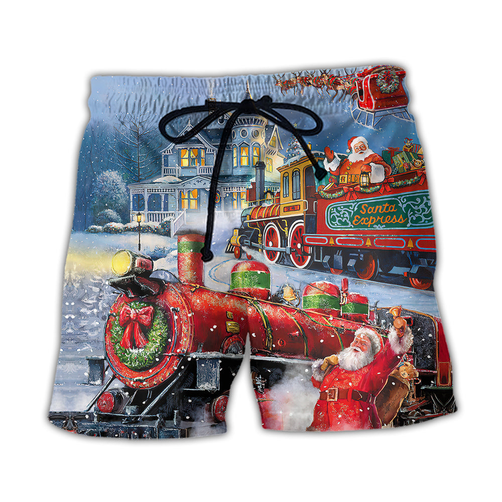 Christmas Santa Claus Train Gift For Xmas Painting Style - Beach Short - Owl Ohh - Owl Ohh