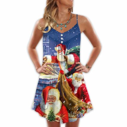 Christmas Funny Santa Claus Up On Rooftop Art Style - V-neck Sleeveless Cami Dress - Owl Ohh - Owl Ohh