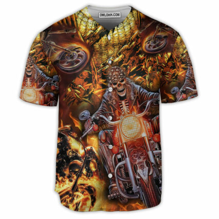 Motorcycle Skull Racing With Flame Art - Baseball Jersey - Owl Ohh - Owl Ohh
