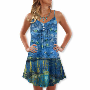 Cat Starry Night Art - V-neck Sleeveless Cami Dress - Owl Ohh - Owl Ohh