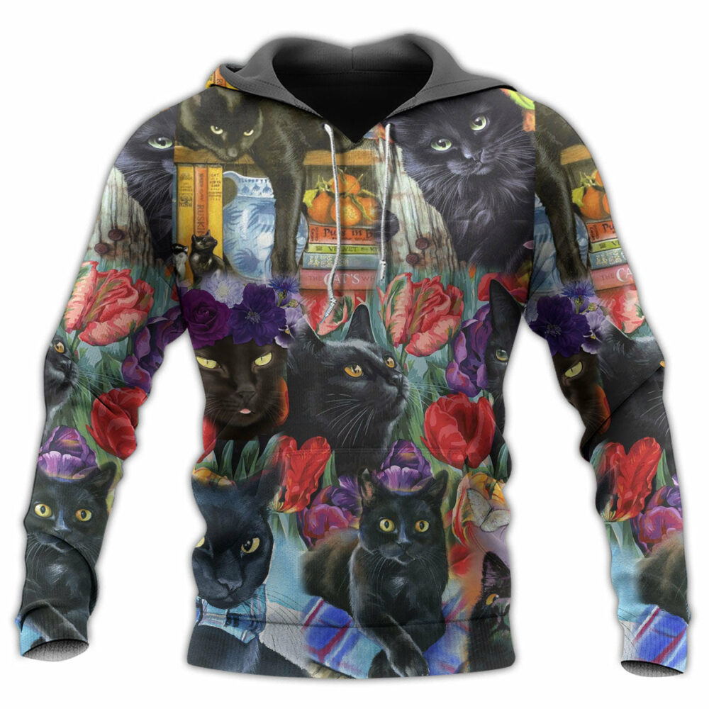 Black Cat Art With Flowers - Hoodie - Owl Ohh - Owl Ohh