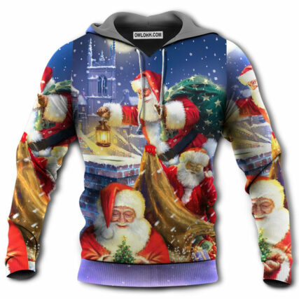 Christmas Funny Santa Claus Up On Rooftop Art Style - Hoodie - Owl Ohh - Owl Ohh