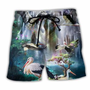 Stork Bird In The Dreamy Waterfall - Beach Short - Owl Ohh - Owl Ohh