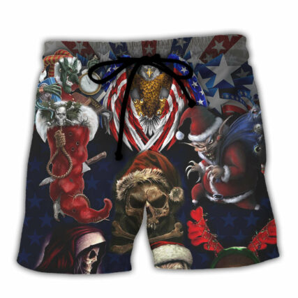 Skull Christmas USA Eagle Flag Skeleton Art - Beach Short - Owl Ohh - Owl Ohh