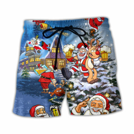 Christmas Funny Santa Claus Drinking Beer Troll Xmas - Beach Short - Owl Ohh - Owl Ohh