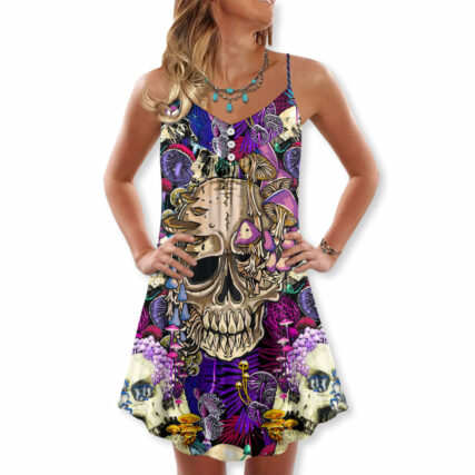 Skull Mushroom Crazy Bright Magic Psychedelic Skull - V-neck Sleeveless Cami Dress - Owl Ohh - Owl Ohh