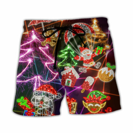 Christmas Funny Santa Claus Tree Elf Gingerbread Neon Light Style - Beach Short - Owl Ohh - Owl Ohh