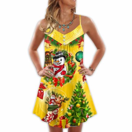 Christmas Funny Snowman Happy Christmas Tree Yellow Light - V-neck Sleeveless Cami Dress - Owl Ohh - Owl Ohh