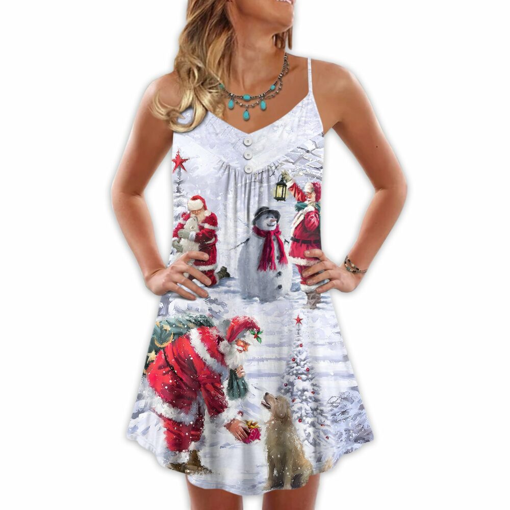 Christmas Santa Claus Chilling With Animal Snowman Happy Xmas Art Style - V-neck - Owl Ohh - Owl Ohh