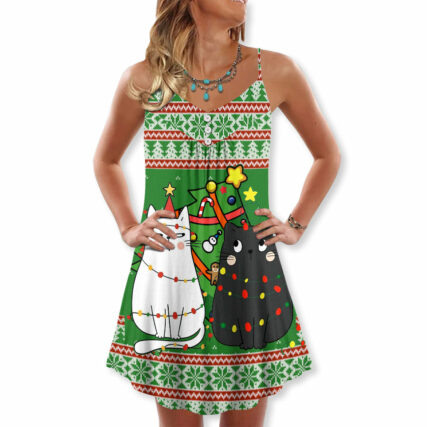 Christmas Meowy Cat Wreck The Tree - V-neck Sleeveless Cami Dress - Owl Ohh - Owl Ohh