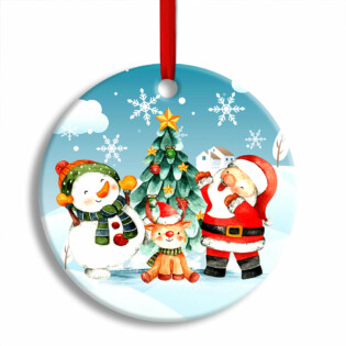 Christmas Santa Snowman And Deer Happy Together Custom Photo Personalized - Circle Ornament - Owl Ohh - Owl Ohh