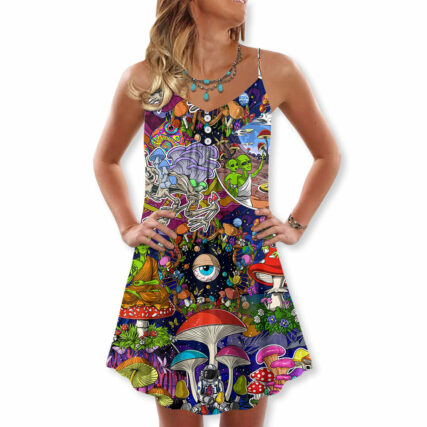 Hippie Mushroom Aliens Stay Hippie Colorful Art - V-neck Sleeveless Cami Dress - Owl Ohh - Owl Ohh