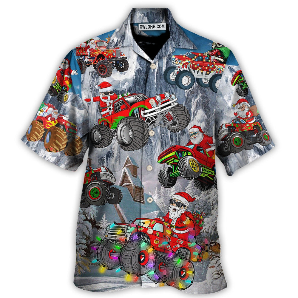Christmas Santa Claus Riding Red Truck Snow Mountain Art Style - Hawaiian Shirt - Owl Ohh - Owl Ohh