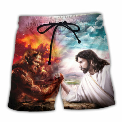 Wrestling Arm Wrestling Jesus vs Satan - Beach Short - Owl Ohh - Owl Ohh