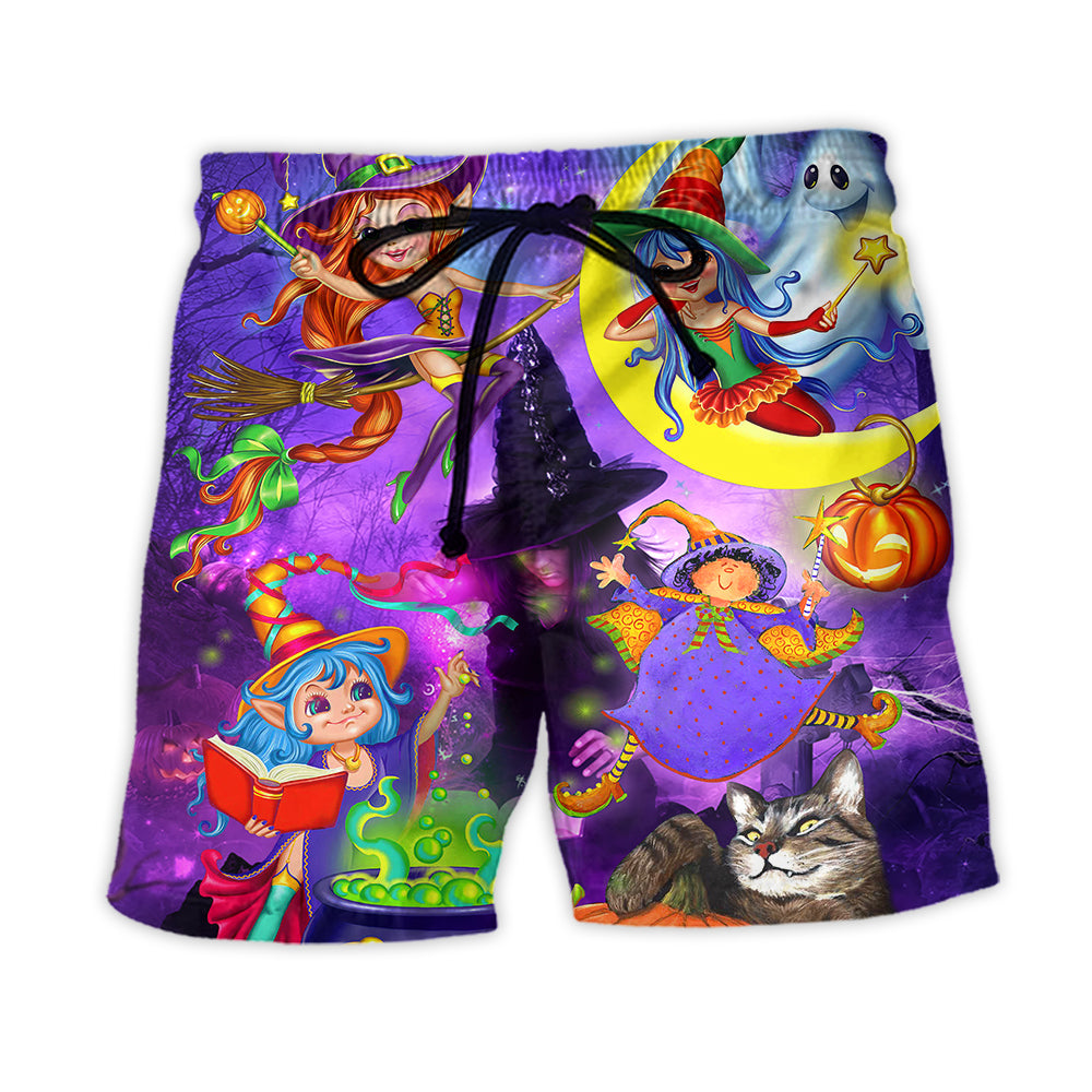 Halloween Funny Witch Ghost Cute Boo In The Magic Forest Art Style - Beach Short - Owl Ohh - Owl Ohh