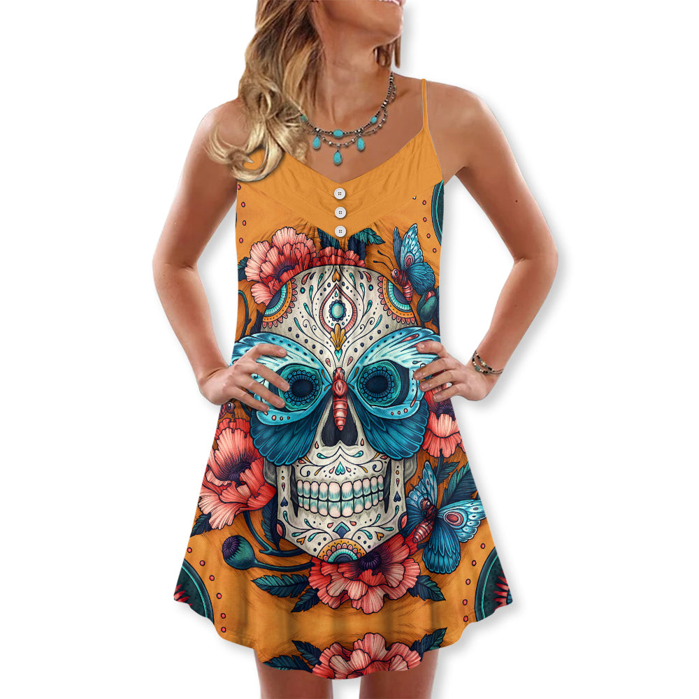 Skull And Butterfly Abstract Vintage Colorful - V-neck Sleeveless Cami Dress - Owl Ohh - Owl Ohh