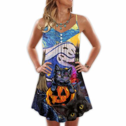 Halloween Black Cat Starry Night Funny Cat Painting Art Style - V-neck Sleeveless Cami Dress - Owl Ohh - Owl Ohh