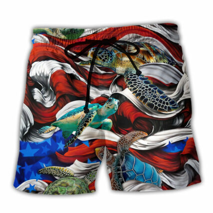 Turtle Independence Day Swimming In The American Flag - Beach Short - Owl Ohh - Owl Ohh