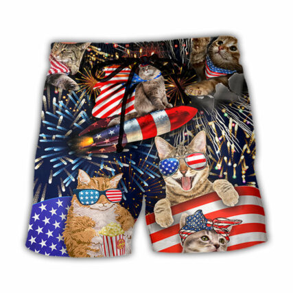 Cat Independence Day Happy Firework - Beach Short - Owl Ohh - Owl Ohh