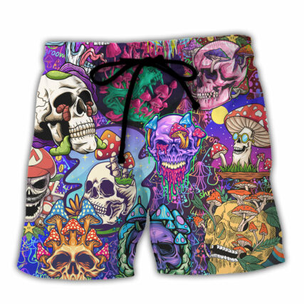 Hippie Mushroom And Skull Colorful Art - Beach Short - Owl Ohh - Owl Ohh