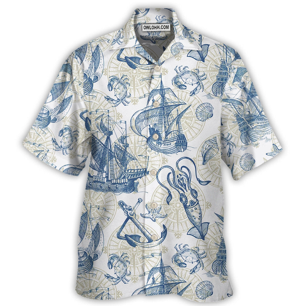 Ocean Life Vintage Sailboat Sea Monster Geographical Maps - Hawaiian Shirt - Owl Ohh - Owl Ohh