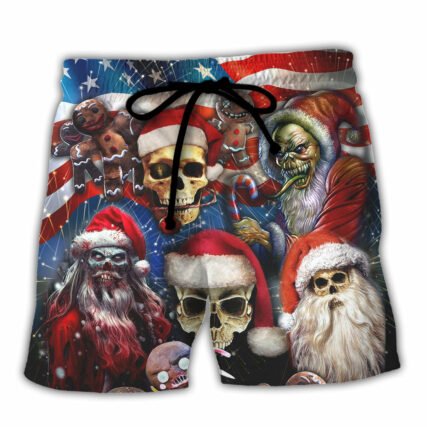 Skull Xmas US Flag Horror Skeleton - Beach Short - Owl Ohh - Owl Ohh