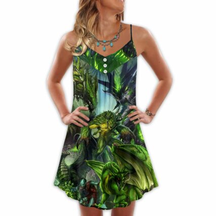 Dragon Green Skull Lover Art Style - V-neck Sleeveless Cami Dress - Owl Ohh - Owl Ohh