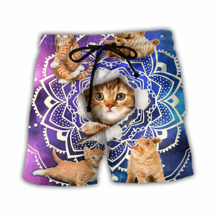 Cat Tabby Cat Yoga Galaxy Yoga Pose Funny - Beach Short - Owl Ohh - Owl Ohh