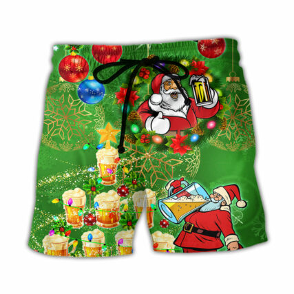 Christmas Funny Santa Claus Drinking Beer Happy Christmas Tree Green Light - Beach Short - Owl Ohh - Owl Ohh