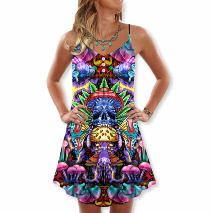 Hippie Mushroom And Skull Art - V-neck Sleeveless Cami Dress - Owl Ohh - Owl Ohh