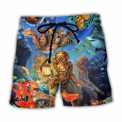 Diving Cat Under The Sea Art Style - Beach Short - Owl Ohh - Owl Ohh