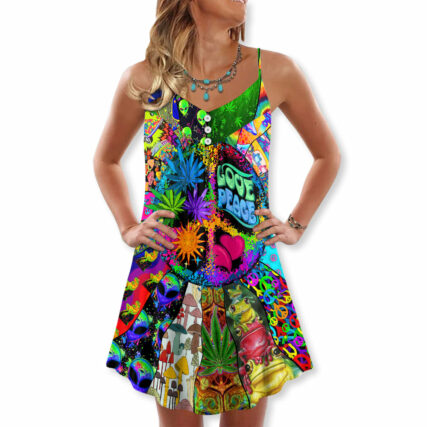 Hippie Alien Frogs Love Peace - V-neck Sleeveless Cami Dress - Owl Ohh - Owl Ohh