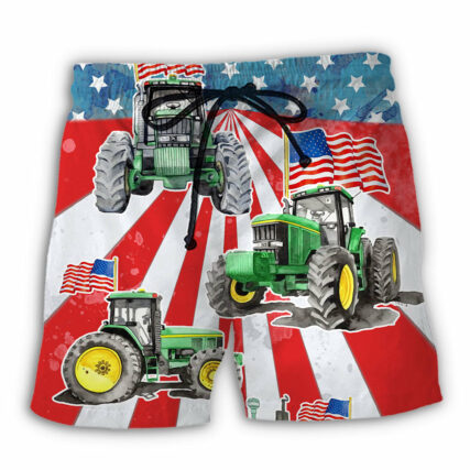 Tractor Independence Day Watercolor Tractor US Flag - Beach Short - Owl Ohh - Owl Ohh