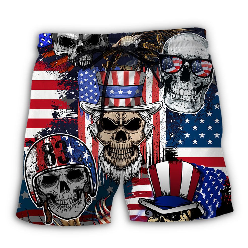 Skull Independence Day Skull US Flag - Beach Short - Owl Ohh - Owl Ohh