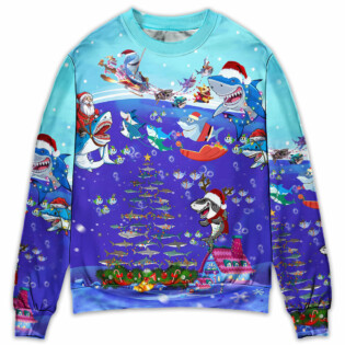 Christmas Santa Shark Sits On Rockets And Brings Gifts To Ocean - Sweater - Ugly Christmas Sweaters - Owl Ohh - Owl Ohh