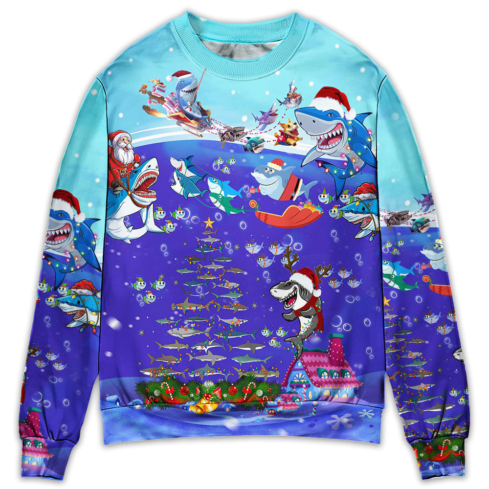 Christmas Santa Shark Sits On Rockets And Brings Gifts To Ocean - Sweater - Ugly Christmas Sweaters - Owl Ohh - Owl Ohh