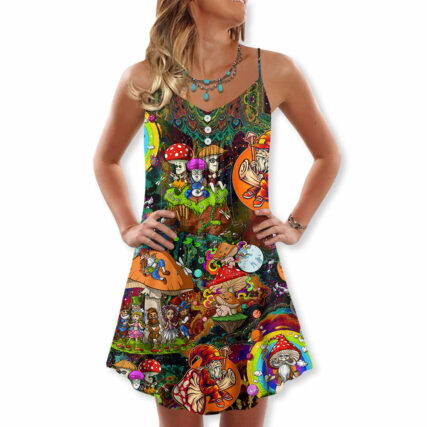 Hippie Mushroom Trippy Colorful Lover - V-neck Sleeveless Cami Dress - Owl Ohh - Owl Ohh