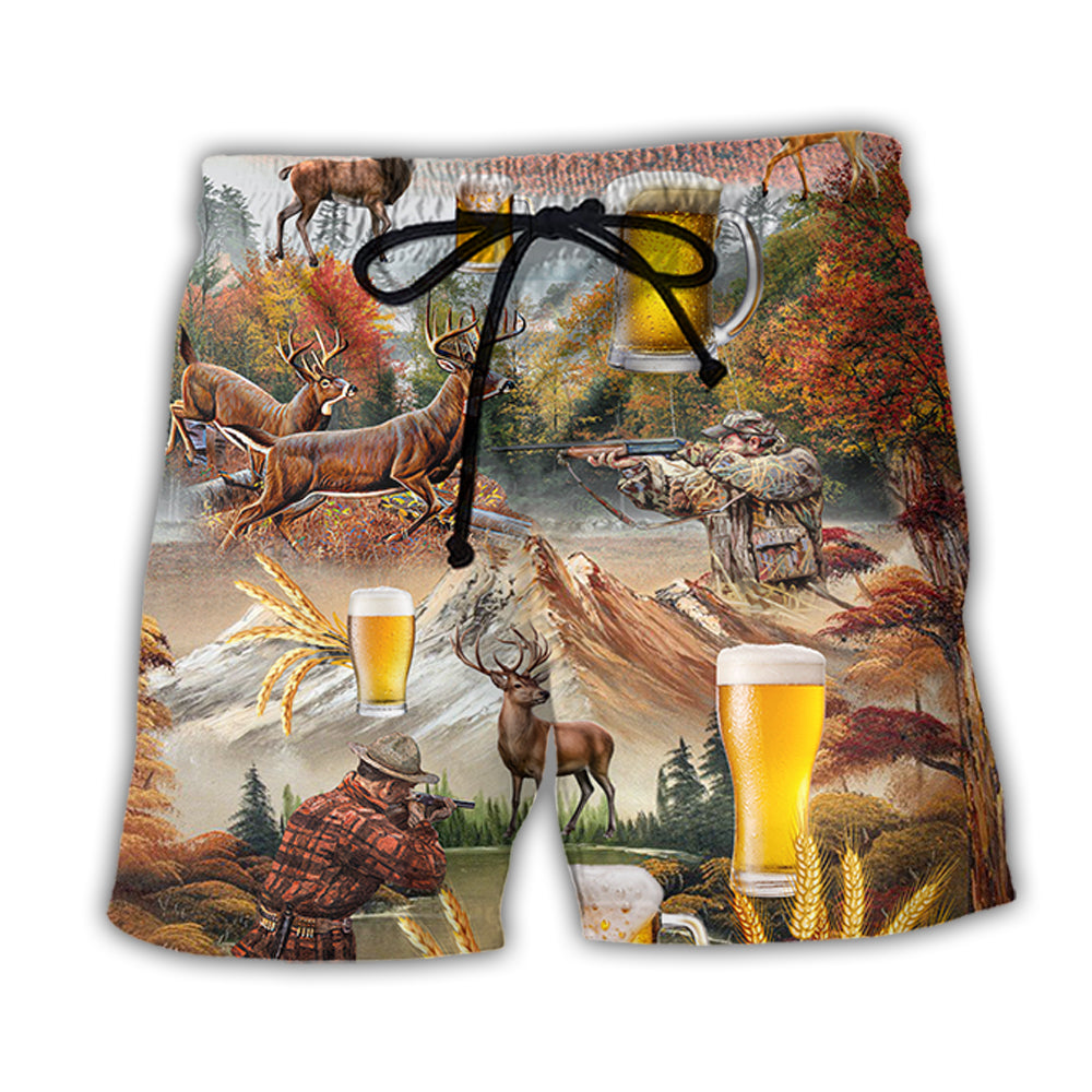 Beer And Hunting Deer Autumn Moutain - Beach Short - Owl Ohh - Owl Ohh