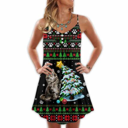 Christmas Cute Cat Wreck Tree Light Funny Ugly Style - V-neck Sleeveless Cami Dress - Owl Ohh - Owl Ohh