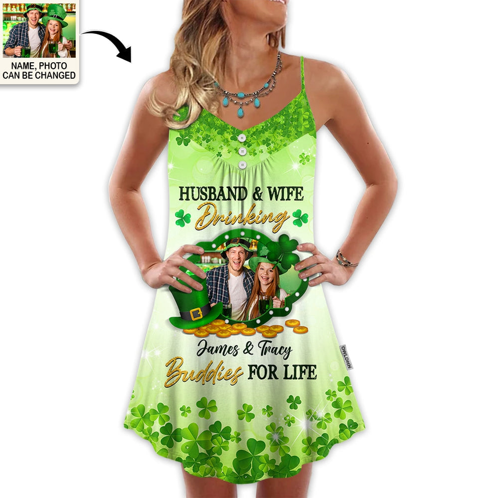 ST Patrick's Day Husband And Wife Dinking Buddies For Life Custom Photo Personalized - V-neck Sleeveless Cami Dress - Personalized Photo Gifts - Owl Ohh