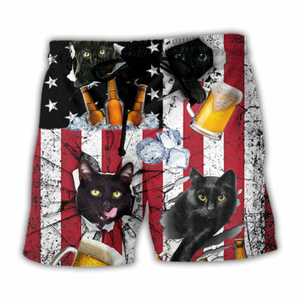 Beer And Black Cat American Flag Vintage - Beach Short - Owl Ohh - Owl Ohh
