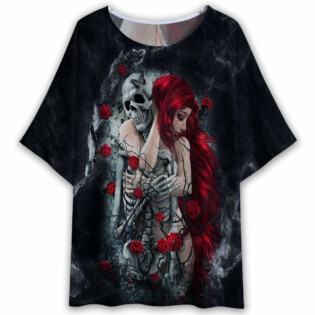 Skull Couple Love Rose Style - Women's T-shirt With Bat Sleeve - Owl Ohh - Owl Ohh