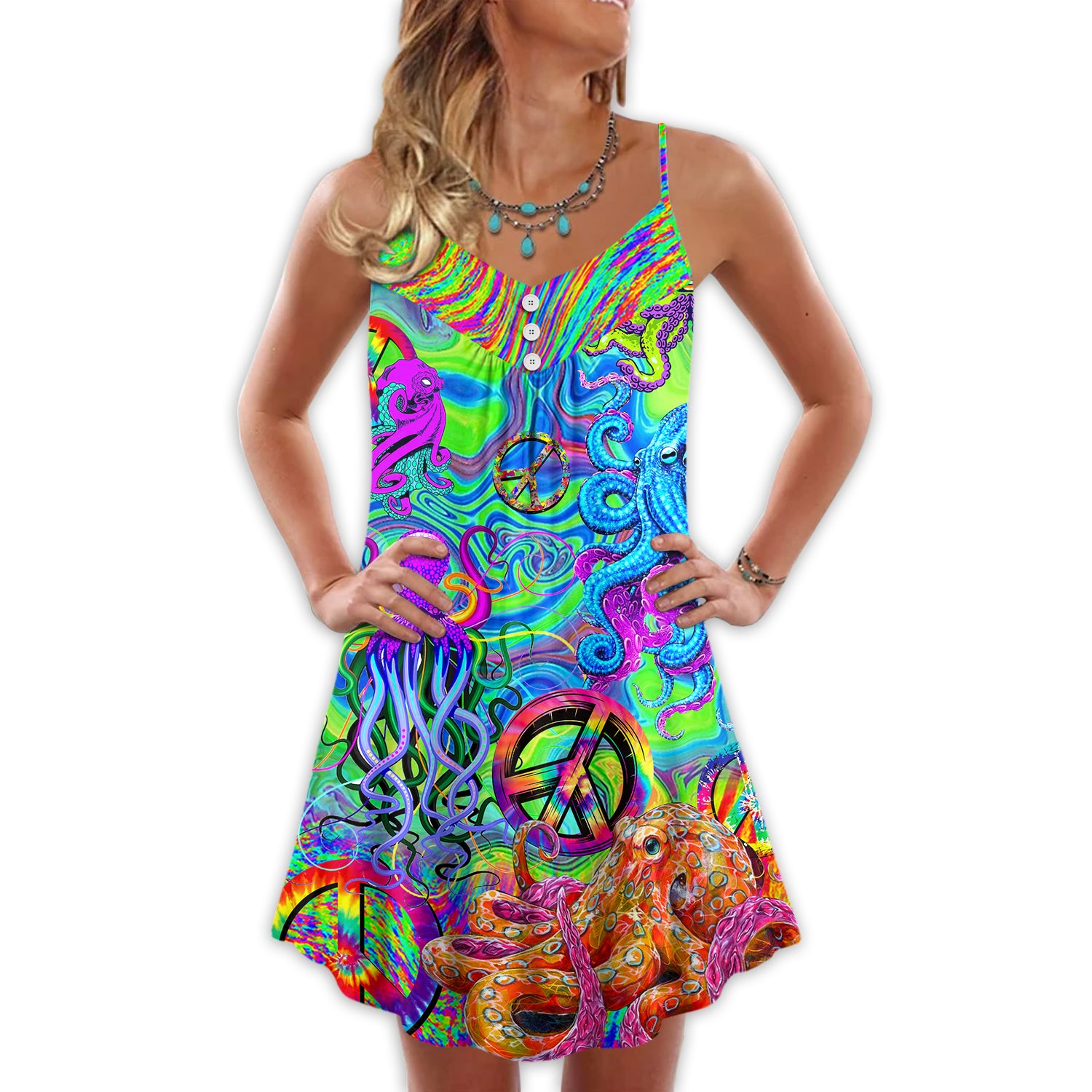 Hippie Funny Octopus Colorful Tie Dye - V-neck Sleeveless Cami Dress - Owl Ohh - Owl Ohh
