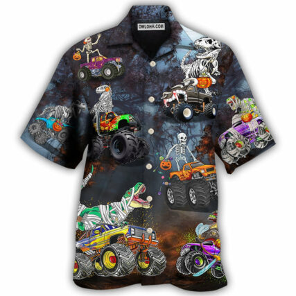 Halloween Skeleton Dinosaur Driving Monster Truck - Hawaiian Shirt - Owl Ohh - Owl Ohh