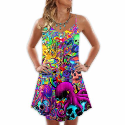 Hippie Skull Octopus Colorful Tie Dye - V-neck Sleeveless Cami Dress - Owl Ohh - Owl Ohh