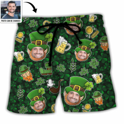 St Patricks Day Happy Coin Shamrock Lucky Custom Photo - Beach Short - Personalized Photo Gifts - Owl Ohh