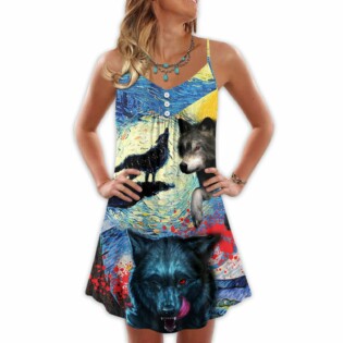 Halloween Black Wolf Crazy Starry Night Blood Art Style - V-neck Sleeveless Cami Dress - Owl Ohh - Owl Ohh